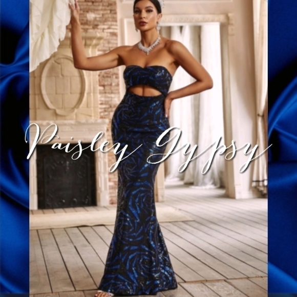 PREMIUM BRAND AND QUALITY GEOMETRIC SEQUINED STRAPLESS MERMAID MAXI DRESS - Picture 3 of 16